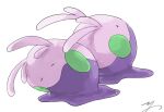  closed_eyes closed_mouth commentary_request creature gen_6_pokemon goomy head_back head_tilt pokemon pokemon_(creature) shiny signature simple_background white_background yu_ikedon 