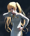  1girl a1 blonde_hair blue_eyes commentary_request gloom_(expression) hair_ribbon hand_on_hip long_hair long_sleeves looking_away nervous real_madrid ribbon saenai_heroine_no_sodatekata sawamura_spencer_eriri soccer_uniform solo sportswear stadium sweat twintails 