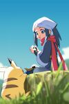  1girl :t black_hair cloud day eating eyelashes female_protagonist_(pokemon_legends:_arceus) food food_on_face from_below gen_1_pokemon grass grey_eyes hands_up head_scarf holding long_hair looking_to_the_side onigiri outdoors pikachu pokemon pokemon_(creature) pokemon_(game) pokemon_legends:_arceus ponytail red_scarf rice rice_on_face scarf sidelocks sitting sky white_headwear yoko.u 