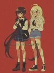  2girls :d ahoge akamatsu_kaede alternate_hair_ornament ankle_boots bangs belt black_belt black_footwear black_hair black_jacket blonde_hair blue_skirt blush boots brown_hair casual criis-chan crop_top danganronpa_(series) danganronpa_v3:_killing_harmony denim denim_shorts hair_ornament hairclip hand_up harukawa_maki holding holding_hair jacket kneehighs long_hair long_sleeves multiple_girls open_clothes open_mouth open_shirt plaid plaid_skirt pout red_background red_scrunchie scrunchie shiny shiny_hair shirt shoes shorts skirt smile sneakers socks symbol_commentary tumblr_username two-tone_jacket upper_teeth very_long_hair white_footwear white_jacket white_legwear 