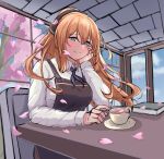  1girl 3_small_spiders absurdres apron bangs blue_neckwear book brown_apron brown_hair chair cherry_blossoms collared_shirt commentary_request cup girls_frontline green_eyes hair_ribbon hand_on_own_cheek hand_on_own_face highres indoors m1903_springfield_(girls_frontline) plate ribbon shirt sitting smile table teacup white_shirt window 