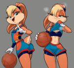  2021 anthro ball basketball basketball_(ball) basketball_uniform blonde_hair blue_eyes bodily_fluids bottomwear bra buckteeth centinel303 clothed clothing clothing_lift female fur gloves grey_background hair handwear lagomorph leporid lola_bunny looney_tunes mammal rabbit shirt shirt_lift shorts simple_background solo space_jam sports_bra sportswear sweat tan_body tan_fur teeth topwear underwear uniform warner_brothers 