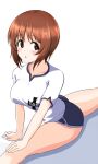  1girl :o absurdres aikir_(jml5160) bangs black_shorts brown_eyes brown_hair commentary dolphin_shorts emblem eyebrows_visible_through_hair girls_und_panzer gym_shirt gym_uniform highres kuromorimine_(emblem) looking_at_viewer nishizumi_miho parted_lips shirt short_hair short_shorts short_sleeves shorts solo split stretch white_shirt 