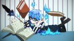  1boy bangs black_legwear blue_eyes blue_hair blue_vest book bow bowtie character_request eiku eyebrows_visible_through_hair fate/grand_order fate_(series) glasses hand_up long_sleeves lying male_focus on_stomach open_book quill reading rectangular_eyewear shirt short_hair shorts solo striped striped_background striped_shirt vertical-striped_shirt vertical_stripes vest 