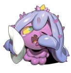  commentary_request fangs from_above gen_7_pokemon green_eyes highres holding holding_pillow looking_up mareanie no_humans one_eye_closed open_mouth pillow pokemon pokemon_(creature) simple_background sleepy solo tearing_up tongue white_background yuuyuu_(yuuki1771) 