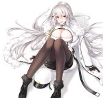  1girl azur_lane bangs black_footwear black_gloves black_legwear boots breasts cleavage cloak coat dress enchuu_kakiemon eyebrows_visible_through_hair fur-trimmed_boots fur-trimmed_cloak fur-trimmed_dress fur_trim gangut_(azur_lane) gloves hands_on_floor hat hat_removed headwear_removed highres large_breasts long_hair looking_at_viewer mole mole_under_eye open_mouth pantyhose partially_fingerless_gloves red_eyes silver_hair sitting sitting_on_floor solo spread_legs white_background white_cloak white_coat white_dress white_headwear winter_clothes 