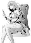  1girl azur_lane bare_shoulders breasts cleavage covered_nipples cross cross_earrings cup dress earrings evening_gown grey_hair greyscale hair_between_eyes halter_dress halterneck holding holding_cup hori_(hori_no_su) jewelry large_breasts long_hair mole mole_under_eye monochrome no_bra no_panties official_alternate_costume saint-louis_(azur_lane) saint-louis_(brilliant_paladin)_(azur_lane) scarf sitting sleeveless sleeveless_dress solo thighhighs white_background white_dress white_legwear 