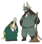  2020 anthro biped bottomwear bovid bovine clothing dreamworks duo green_body hat headgear headwear horn kai_the_collector kemono kung_fu_panda male mammal master_oogway necktie overweight overweight_male pants planetlaika reptile scalie shirt simple_background topwear turtle white_background 