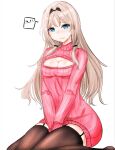  1girl an-94_(girls_frontline) bangs black_legwear blonde_hair blue_eyes blush breasts cleavage closed_mouth eyebrows_visible_through_hair garter_straps girls_frontline hairband hands_on_floor long_hair looking_at_viewer medium_breasts meme_attire open-chest_sweater peroronti pink_sweater sitting sitting_on_floor solo sweater thighhighs white_background 
