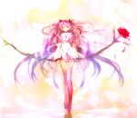  1girl absurdly_long_hair alternate_costume arms_at_sides bow_(weapon) capelet dress flower gradient gradient_background hair_ribbon half-closed_eyes holding holding_bow_(weapon) holding_weapon kaname_madoka legs_together lens_flare light_smile long_hair long_sleeves looking_at_viewer mahou_shoujo_madoka_magica neck_ribbon oka_(umanihiki) orange_background orange_theme parted_lips pink_capelet pink_flower pink_hair pink_legwear pink_rose pink_theme red_ribbon reflection ribbon rose short_dress simple_background solo thighhighs transparent_wings two_side_up ultimate_madoka very_long_hair weapon white_background white_dress white_ribbon winged_footwear wings yellow_eyes zettai_ryouiki 