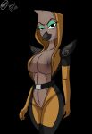  2021 anthro avian big_breasts bird black_background breasts brown_body brown_feathers bunbunmuffins clothed clothing disney ducktales ducktales_(2017) feathers female gabby_mcstabberson half-closed_eyes hi_res inverted_nipples looking_at_viewer narrowed_eyes nipples simple_background solo 