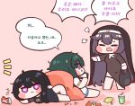  3girls :t =_= azazel_(last_origin) black_dress bulga chibi chips dark_green_hair dress food full_body habit jitome last_origin lazy looking_at_viewer messy_hair messy_room multiple_girls purple_eyes purple_hair saraqael_(last_origin) side_slit veronica_type-asc 