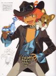  1girl :d absurdres androgynous animal_ear_fluff animal_on_shoulder bangs blue_shirt blush_stickers brown_jacket choker commission cowboy_bebop cowboy_hat cowboy_shot dark_skin dark_skinned_female dog edward_wong_hau_pepelu_tivrusky_iv ein_(cowboy_bebop) finger_on_trigger flat_chest fringe_trim goggles goggles_on_head goggles_on_headwear grey_legwear gun hair_between_eyes hand_on_hip hat highres holding holding_water_gun inset jacket kawamoto_toshihiro leather leather_jacket lineart low-cut official_art open_clothes open_jacket open_mouth open_shirt page_number pants red_hair reverse_trap scan shaded_face shirt short_hair simple_background smile solo spread_legs striped_choker tomboy tongue tongue_out translated water_gun weapon welsh_corgi western white_background yellow_eyes 