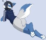  2019 4_toes absurd_res accessory anthro black_hair blue_body blue_eyes blue_fur breasts canid canine clothing crossed_legs digital_drawing_(artwork) digital_media_(artwork) digitigrade feet female fur hair hair_accessory hi_res kitsuneten looking_at_viewer looking_back lying mammal on_front pawpads paws short_hair simple_background small_claws small_tail smile smiling_at_viewer solo sweatshirt toes watermark white_pawpads 