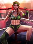  1girl abs alternate_costume arimatang braid breasts cleavage elbow_gloves fingerless_gloves gloves green_gloves green_headband green_shorts headband highres holding holding_rope holding_towel medium_breasts muscular muscular_female over_shoulder parted_lips punching_bag red_hair rope short_shorts shorts signature single_elbow_glove single_thighhigh skye_(valorant) sports_bra swaet thighhighs towel valorant watermark web_address wrestling_ring 