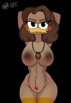  2021 anatid anseriform anthro avian big_breasts bird black_background breasts brown_body brown_feathers brown_hair bunbunmuffins disney duck ducktales ducktales_(2017) ear_piercing feathers female genitals hair hi_res inverted_nipples looking_at_viewer m&#039;ma_crackshell nipples piercing police_badge pussy simple_background solo 
