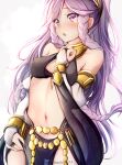  1girl bangs bare_shoulders blush braid breasts bridal_gauntlets clear_glass_(mildmild1311) cowboy_shot crying crying_with_eyes_open fire_emblem fire_emblem_awakening fire_emblem_heroes hairband high_ponytail highres medium_breasts midriff navel official_alternate_costume olivia_(fire_emblem) pelvic_curtain pink_eyes pink_hair simple_background solo tears twin_braids twitter_username white_background 