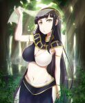  1girl :o bangs black_hair black_skirt blunt_bangs breasts chiba_mochi cleavage egyptian_clothes eyebrows_behind_hair forest hair_behind_ear highres large_breasts long_hair looking_at_viewer nature navel open_mouth original skirt solo veil veil_lift very_long_hair yellow_eyes 