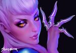  1girl claws demon_girl evelynn_(league_of_legends) highres league_of_legends lipstick long_hair looking_at_viewer makeup shiny shiny_hair shiny_skin silver_hair solo sozomaika the_baddest_evelynn yellow_eyes 