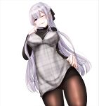  1girl absurdres ak-12_(girls_frontline) black_legwear black_ribbon black_shirt blush braid breasts closed_mouth dress eyebrows_visible_through_hair finger_to_mouth french_braid from_below girls_frontline grey_dress hair_ribbon hand_on_hip highres large_breasts lifted_by_self lips long_hair looking_at_viewer one_eye_closed panties panties_under_pantyhose pantyhose peroronti purple_eyes red_panties ribbon shirt silver_hair solo standing underwear white_background 