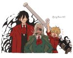  1boy 2girls :d ^_^ alucard_(hellsing) arm_up asaya_minoru ascot bangs black_hair black_vest blonde_hair cape cigar clenched_hand closed_eyes collared_shirt cropped_torso dark_skin eyepatch fang forehead gloves green_cape green_jacket grey_hair hands_on_hips hellsing integra_hellsing jacket long_hair long_sleeves mouth_hold multiple_girls open_clothes open_jacket open_mouth parted_bangs red_jacket red_neckwear red_shirt seras_victoria shirt simple_background smile smoke smoking twitter_username upper_body very_long_hair vest white_background white_gloves white_shirt 