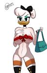  2021 absurd_res accessory anatid anseriform anthro avian big_breasts bird breasts bunbunmuffins daisy_duck disney duck ducktales ducktales_(2017) feathers female genitals hair_accessory hair_ribbon hi_res looking_at_viewer purse pussy ribbons simple_background solo white_background white_body white_feathers 
