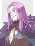  1boy :3 alternate_hairstyle blue_eyes blue_lips cape center_opening colored_skin fate/grand_order fate_(series) forehead fur-trimmed_cape fur_collar fur_trim hat hat_removed headwear_removed long_hair looking_to_the_side makeup male_cleavage male_focus mephistopheles_(fate) mocollie multicolored multicolored_eyes pale_skin purple_eyes purple_hair red_neckwear solo thick_eyebrows toned toned_male unzipped white_skin 