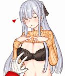  1girl ak-12_(girls_frontline) black_bra black_ribbon blush bra braid breasts cleavage closed_eyes closed_mouth clothes_lift french_braid girls_frontline gloves hair_ribbon hands_on_own_chest heart heart_print highres large_breasts long_hair peroronti ribbon silver_hair solo sweater sweater_lift underwear white_background white_gloves yellow_sweater 