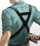  1boy absurdres artist_name back belt blood bloody_weapon blue_shirt collared_shirt commentary english_commentary from_behind head_out_of_frame highres holding holding_sword holding_weapon jujutsu_kaisen male_focus nanami_kento oretsuu shirt sleeves_pushed_up solo suspenders sword upper_body weapon 