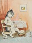  ambiguous_gender anthro biped cast cup curtains domestic_cat felid feline felis furniture green_eyes louis_wain mammal mouse murid murine open_mouth painting_(object) rodent signature sitting table traditional_media_(artwork) whiskers 