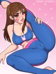  1girl airpods blue_pants blue_sports_bra blush breasts brown_eyes brown_hair cameltoe cleavage collarbone commission d.va_(overwatch) dimedrolly english_commentary eyeliner feet_out_of_frame flexible full_body gradient gradient_background heart heart_background large_breasts leg_behind_shoulder lips long_hair lying makeup midriff mismatched_eyebrows navel nose_blush on_back outline overwatch pants patreon_username pink_background pink_lips simple_background solo sports_bra spread_legs stirrup_legwear thick_eyebrows toeless_legwear toned whisker_markings wide_hips wireless_earphones yoga yoga_pants 