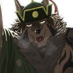  anthro canid canine canis clothing fur hair headgear headwear hi_res male mammal mongolian mongolian_clothing muscular muscular_male pecs run_aki solo tattoo temujin tokyo_afterschool_summoners video_games wolf 
