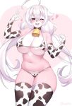  &lt;3 &lt;3_eyes animal_print anthro big_breasts blush bra breasts canid canine cleavage clothed clothing cow_print female hi_res iwbitu legwear looking_at_viewer mammal panties pudgy_belly slightly_chubby solo thick_thighs thigh_highs tight_fit underwear wide_hips 