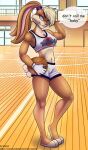  3_toes anthro ball basketball blonde_hair blue_eyes breasts cleavage clothed clothing crop_top feet female fur hair hi_res lagomorph leporid lola_bunny looney_tunes mammal rabbit shirt snejek solo space_jam tan_body tan_fur text toes topwear warner_brothers 