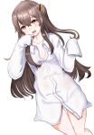  1girl bangs blush breasts brown_eyes brown_hair collarbone eyebrows_visible_through_hair girls_frontline long_hair looking_at_viewer lying no_pants on_back open_mouth peroronti scar scar_across_eye shirt solo twintails ump45_(girls_frontline) white_background white_shirt 