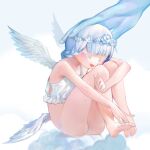  1girl angel ass bangs bare_shoulders barefoot blue_background blue_hair blush braid camisole closed_eyes cloud collarbone colored_eyelashes commentary_request crop_top disembodied_limb eyebrows_visible_through_hair feathered_wings feet flower flower_wreath full_body hand_on_another&#039;s_head happy highres jpeg_artifacts kaede_(shijie_heping) knees_up leg_hug multiple_wings open_mouth original panties petting rose short_hair simple_background sitting smile solo_focus spaghetti_strap tied_hair underwear underwear_only white_flower white_panties white_rose white_wings wings 