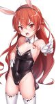  1girl animal_ears blush breasts bunny_ears covered_navel eris_greyrat fake_animal_ears gloves groin hair_between_eyes hand_on_hip highres konnyaku_(kk-monmon) long_hair looking_at_viewer mushoku_tensei open_mouth red_eyes red_hair simple_background small_breasts solo teeth thick_eyebrows thighhighs white_background white_gloves white_legwear wrist_cuffs 