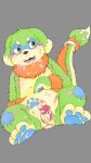  2020 anthro anus balls blue_body blue_fur brown_body brown_fur butt canid canine canis domestic_dog dragon erection fur genitals green_body green_fur hi_res hybrid kemono male mammal penis pento_(kamiyu) pute_819 simple_background sitting slightly_chubby solo 