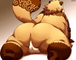  2021 anthro anus backsack balls big_butt blush brown_body brown_fur butt canid canine debudave_12 fur genitals gyobu hi_res kemono male mammal overweight overweight_male raccoon_dog solo tanuki tokyo_afterschool_summoners video_games 
