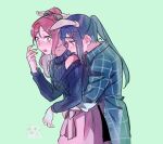  2girls blue_hair blush bow commentary_request cowboy_shot eyebrows_visible_through_hair hair_bow hug hug_from_behind jewelry korean_commentary long_hair long_sleeves love_live! love_live!_sunshine!! matsuura_kanan multiple_girls necklace open_mouth pito_(sh02327) ponytail purple_eyes red_hair sakurauchi_riko yellow_eyes yuri 