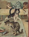  ambiguous_gender anthro biped book detailed_background domestic_cat felid feline felis group louis_wain mammal standing tongue tongue_out traditional_media_(artwork) whiskers 