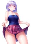  bare_arms blue_swimsuit breasts cowboy_shot from_below highres looking_at_viewer medium_breasts one-piece_swimsuit original pink_eyes plaid plaid_skirt purple_hair simple_background skirt skirt_lift swimsuit tsukumiya_amane white_background 