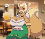  &lt;3 alcohol anthro beer between_breasts beverage big_breasts blush breasts canid canine cleavage clothed clothing domestic_cat duo felid feline felis female fox male mammal mastergodai micro open_mouth petting shaze smile speech_bubble tavern text 