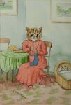  ambiguous_gender anthro biped chair clothed clothing crib detailed_background domestic_cat dress duo eyes_closed felid feline felis female furniture hi_res inside knitting knitting_needle louis_wain mammal orange_eyes pillow pink_nose red_clothing red_dress signature sitting sleeping table traditional_media_(artwork) whiskers yarn 