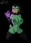  2021 anatid anseriform anthro avian big_breasts bird black_background breasts bunbunmuffins disney duck ducktales ducktales_(2017) feathers female genitals green_body green_feathers hi_res inverted_nipples looking_at_viewer magica_de_spell nipples open_mouth pussy simple_background solo yellow_eyes 