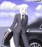  absurd_res anthro canid canine canis car clothing domestic_dog hi_res looking_at_viewer male mammal necktie outside philip_(sunhuiz) solo suit sunhuiz vehicle 