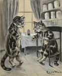 ambiguous_gender anthro biped chair curtains detailed_background domestic_cat duo english_text eyewear felid feline felis furniture glasses louis_wain mammal signature sitting standing table text tongue tongue_out traditional_media_(artwork) whiskers window wood_floor 