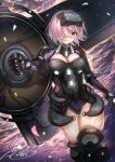 1girl absurdres armor breasts clip_studio_paint_(medium) fate/grand_order fate_(series) fueto_hiroki hair_over_one_eye highres holding holding_shield holding_weapon looking_at_viewer mash_kyrielight ortenaus purple_eyes purple_hair shield short_hair solo thighs weapon 
