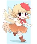  1girl :d animal bangs bird bird_wings blonde_hair blue_background blush blush_stickers boots bow brown_footwear brown_skirt brown_wings chibi chick commentary eyebrows_visible_through_hair feathered_wings full_body highres looking_at_viewer niwatari_kutaka open_mouth puffy_short_sleeves puffy_sleeves red_bow red_eyes rei_(tonbo0430) running shadow shirt short_sleeves skirt smile solo tail_feathers touhou two-tone_background white_background white_shirt wings 