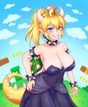  &gt;:) 1girl artist_name bare_shoulders black_collar black_dress blonde_hair blue_eyes blush bowsette bracelet breasts burbur collar crown dress earrings english_commentary evil_smile eyebrows_visible_through_hair fingernails frown genderswap grin hair_between_eyes high_ponytail horns jewelry looking_at_viewer mario_(series) mixed-language_commentary nintendo off-shoulder_dress off_shoulder parted_lips pointy_ears ponytail sharp_fingernails sharp_teeth sleeveless sleeveless_dress smile smirk spiked_armlet spiked_bracelet spiked_collar spiked_shell spiked_tail spikes strapless strapless_dress super_crown super_mario_bros. tail teeth turtle_shell watermark white_horns 